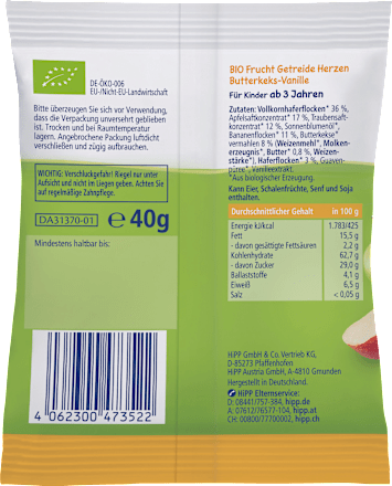 Kindersnack Mini Hafer-Herzen Butterkeks-Vanille, ab 3 Jahre HiPP