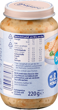 Junior menü tejszínes zöldségek rizzsel és alaszkai tőkehallal, 8. hónapos kortól babylove