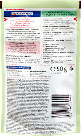 Мини лакомства за котки с пилешко, патица, говеждо и котешка мента DEIN BESTES