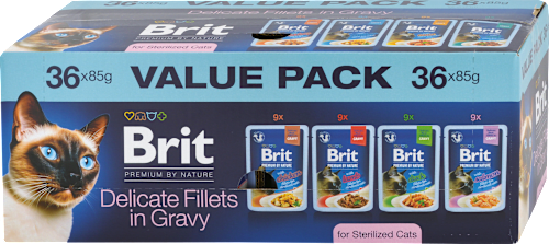 Krmivo pre kastrované mačky v kapsičke Premium By Nature Delicate Fillets in Gravy - mix 36 x 85 g Brit