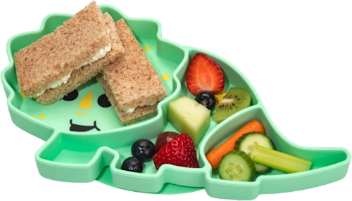 Farfurie din silicon cu ventuză, model dinozaur melii