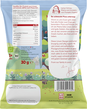 Kindersnack Bluey Linsen Stangen Pizza Style ab 3 Jahren pumpkin organics