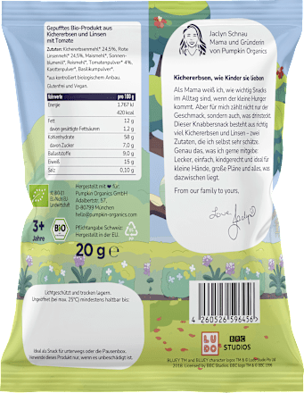 Kindersnack Bluey Kichererbsen Puffs Tomate ab 3 Jahren pumpkin organics