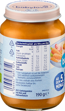 Menü Gartengemüse mit Reis & Hühnerfleisch ab dem 5. Monat babylove