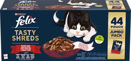 Tasty Shreds kapsičky pro kočky Lahodný výběr, Jumbopack 44x85g Felix