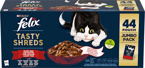 Tasty Shreds kapsičky pro kočky Lahodný výběr, Jumbopack 44x85g Felix