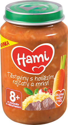 příkrm Těstoviny s hovězím, rajčaty a mrkví Hami