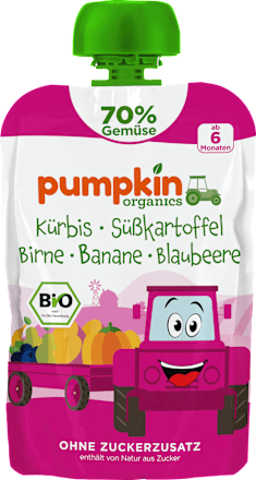 Quetschie Kürbis, Süßkartoffel, Birne, Banane & Blaubeere ab 6 Monaten pumpkin organics