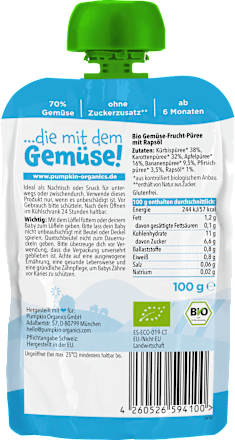 Quetschie Kürbis, Karotte, Apfel, Banane & Pfirsich ab 6 Monaten, pumpkin organics