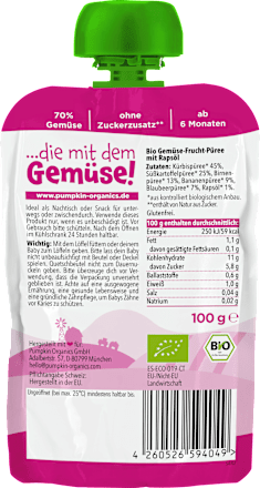 Quetschie Kürbis, Süßkartoffel, Birne, Banane & Blaubeere, ab 6 Monaten pumpkin organics