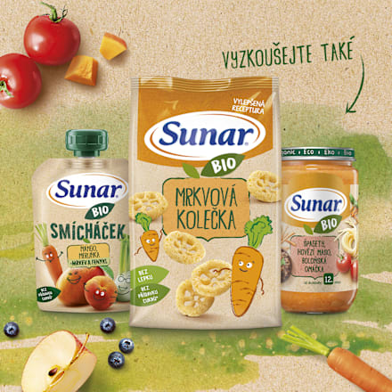 BIO příkrm v sáčku Smícháček banán, hruška, dýně, batáty a borůvky Sunar