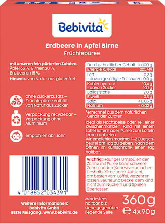 Quetschie Erdbeere in Apfel Birne, ab 1 Jahr (4x90 g) Bebivita