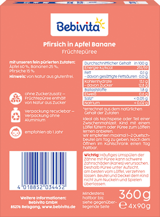 Quetschie Kinderspass Pfirsich in Apfel Banane ab 1 Jahr (4x90 g) Bebivita