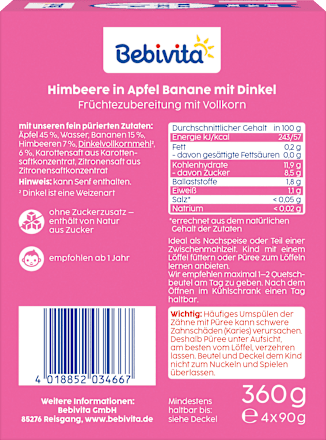 Quetschie Himbeere Banane in Apfel mit Dinkel, ab 1 Jahr (4x90 g) Bebivita