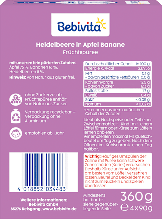 Quetschie Heidelbeere in Apfel Banane ab 1 Jahr (4x90 g) Bebivita