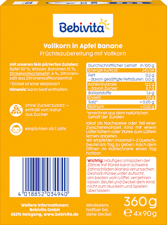 Quetschie Vollkorn in Apfel Banane, ab 1 Jahr (4 x 90g) Bebivita