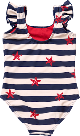 Badeanzug mit Rüschen & Seestern-Muster, blau & rot, Gr. 98/104 PUSBLU