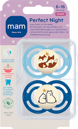 Schnuller Perfect Night Silikon, blau, 6-16 Monate mam