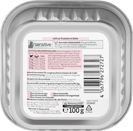 Krmivo pre mačky Sensitive, morčacie mäso v želé Dein Bestes