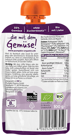 Quetschie Kürbis, Birne, Apfel, Pflaume & Hafer ab 8 Monaten pumpkin organics