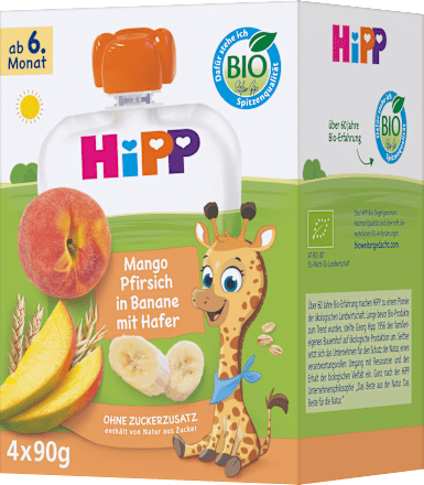 Quetschie Mango, Pfirsich in Banane mit Hafer ab dem 6. Monat (4x90 g) HiPP