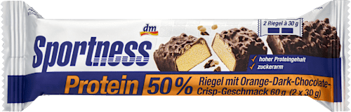 Fehérjeszelet 50% fehérjével, narancs-étcsokoládé-ropogós ízzel, maltit-csokoládéval bevonva, édesítőszerekkel, 2 x 30 g Sportness