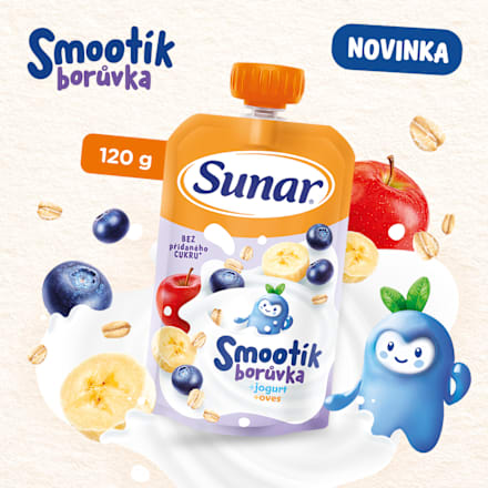 příkrm v sáčku Smootík borůvka, jogurt a ovesné vločky Sunar