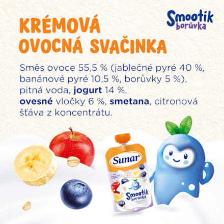 příkrm v sáčku Smootík borůvka, jogurt a ovesné vločky Sunar