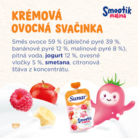 příkrm v sáčku Smootík malina, jogurt a ovesné vločky Sunar