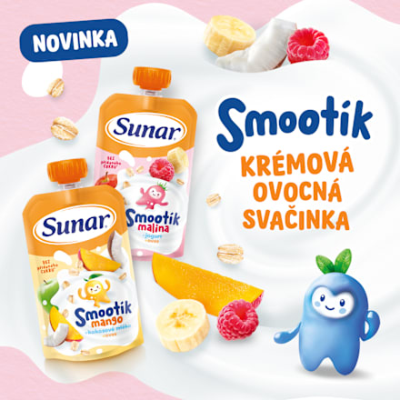 příkrm v sáčku Smootík malina, jogurt a ovesné vločky Sunar