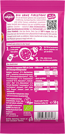 Fertiggericht, Couscous Cup Chilli sin Carne mit Erbsenhack Davert