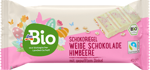 Schokoriegel, weiße Schokolade-Himbeere gepuffter Dinkel dmBio