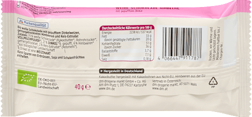 Čokoládová tyčinka biela čokoláda, malina & špalda dmBio