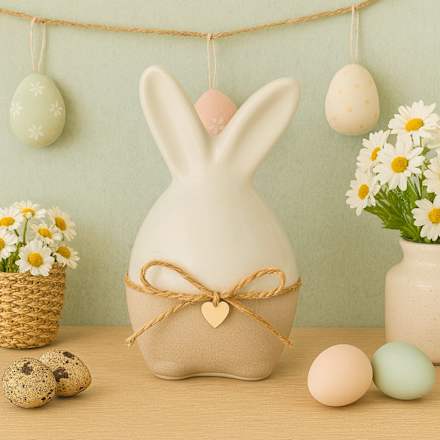 Keramikhase mit Bastschleife & Holzherz (13,5 cm) Dekorieren & Einrichten