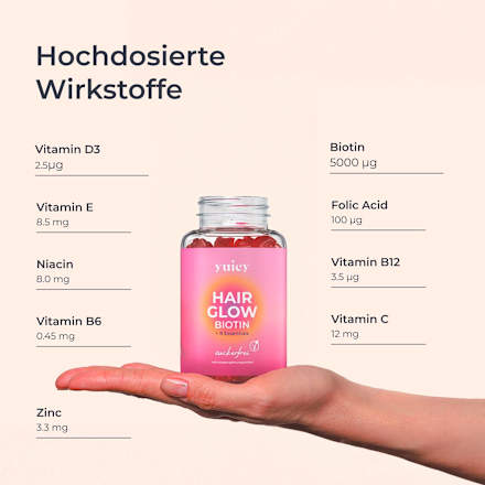 Haarvitamine Hair Glow Biotin I B12 + 8 Essentials Gummies (45 Stück) yuicy