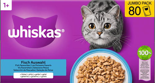 Nassfutter Katze Fisch Auswahl in Gelee, Jumbopack (80x85 g) Whiskas