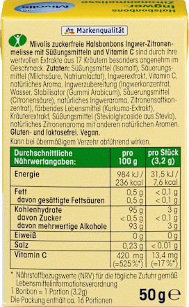 Bonbon, Ingwer-Zitronenmelisse, zuckerfrei Mivolis