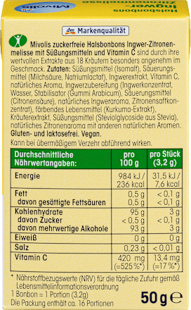 Halsbonbons Ingwer-Zitronenmelisse zuckerfrei Mivolis