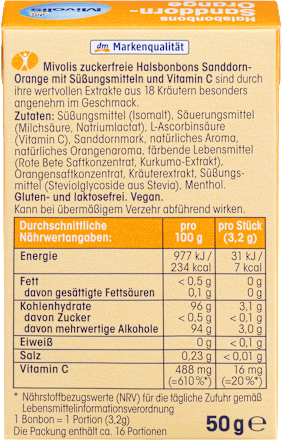 Halsbonbons Sanddorn-Orange zuckerfrei Mivolis