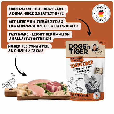 Nassfutter Katze mit Huhn, Fasan & Pastinake, Zierfeder DOGS'n TIGER