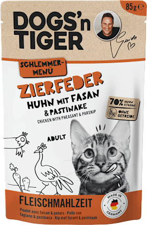 Nassfutter Katze mit Huhn, Fasan & Pastinake, Zierfeder DOGS'n TIGER