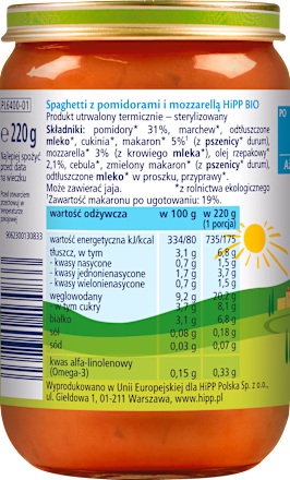 Spaghetti z pomidorami i mozarellą BIO, po 7. miesiącu HiPP