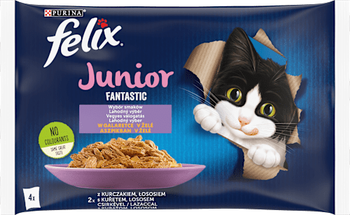 Teljes értékű állateledel aszpikban, kölyökmacskáknak, csirkével és lazaccal Felix