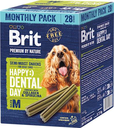 Dentálne tyčinky Premium By Nature Semi-Moist Snacks Happy Dental day veľkosť M Brit