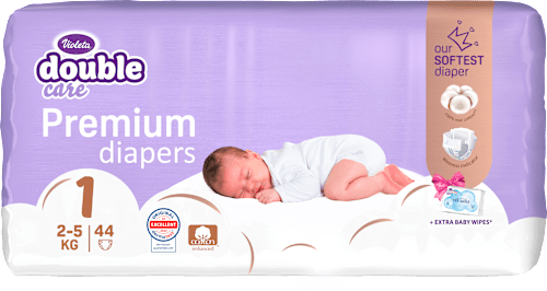 Pelene za novorođenčad Double Care Premium + vlažne maramice, vel. 1 (od 2 do 5 kg) Violeta