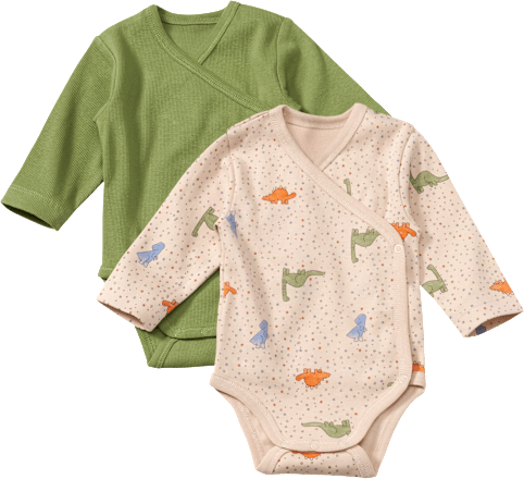 Wickelbodys Langarm mit Dino-Muster, beige + grün, Gr. 50/56 ALANA