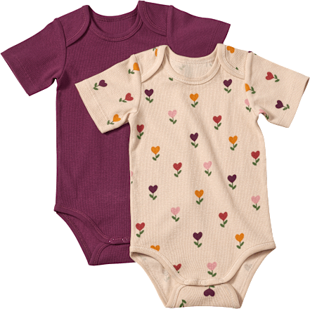 Bodys Kurzarm mit Herz-Muster, beige + lila, Gr. 74/80 ALANA