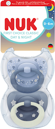 Schnuller First Choice Classic Day & Night Silikon, blau, 0-6 Monate NUK
