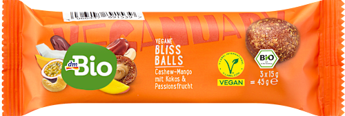 Vegánske guľôčky Bliss Balls kešu-mango s kokosom a marakujou dmBio