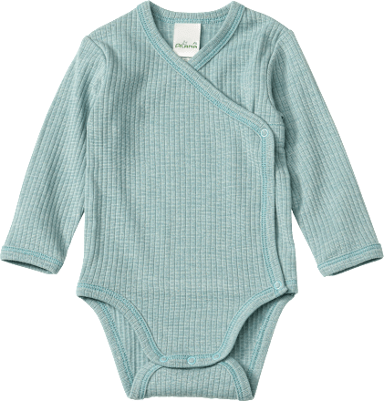 Wickelbody Langarm aus Bio-Wolle und Seide mit Ripp-Struktur, petrol, Gr. 74/80 ALANA